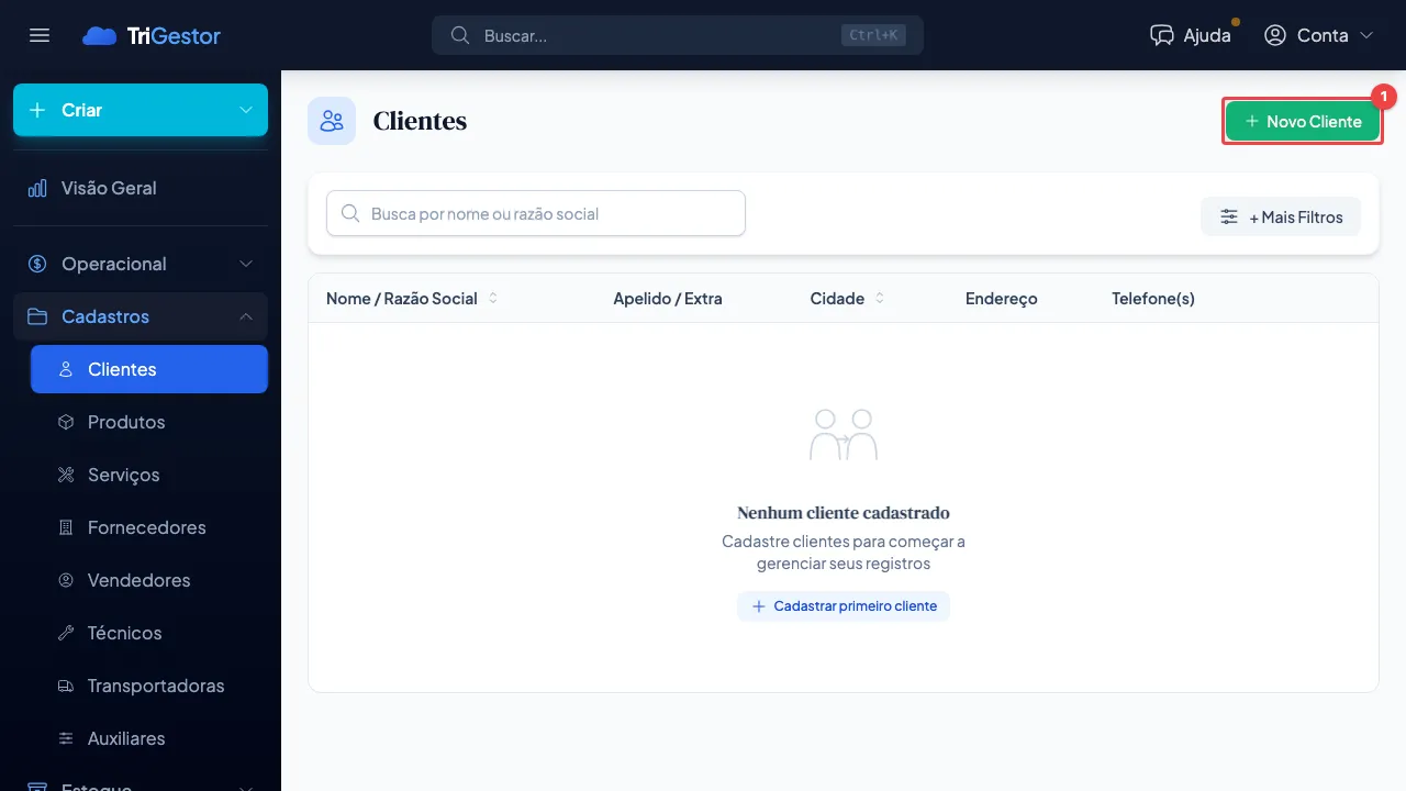Tela de lista de clientes do TriGestor com o botão Novo Cliente destacado, acessível pelo menu Cadastros > Clientes