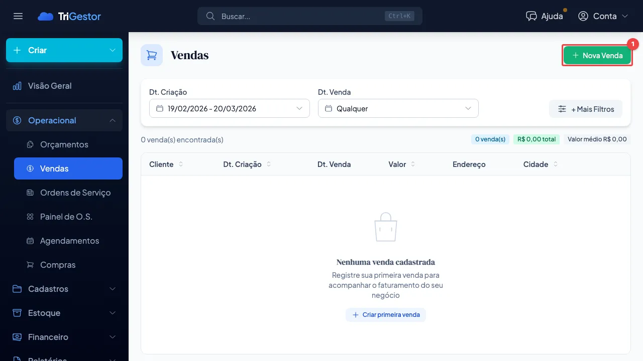 Lista de vendas com o botão Nova Venda em destaque e mensagem Nenhuma venda cadastrada