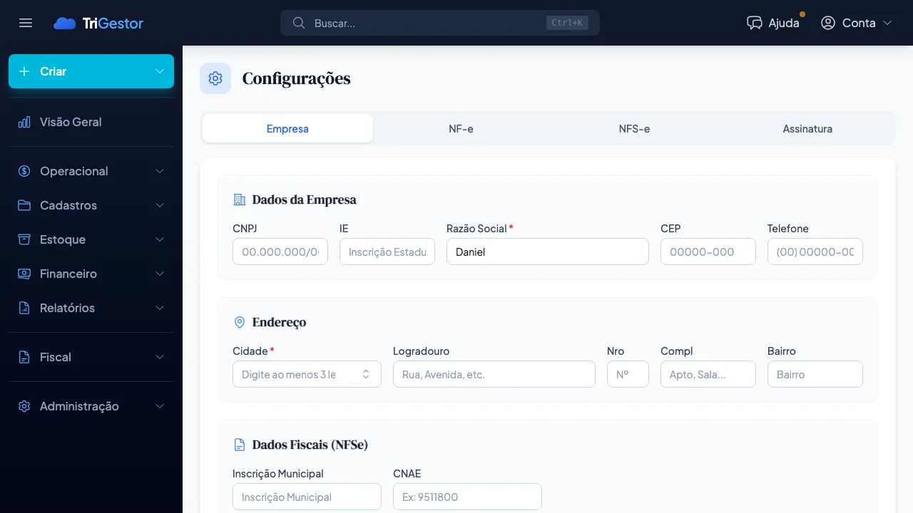 Página de configurações do TriGestor com as abas Empresa, NF-e, NFS-e e Assinatura