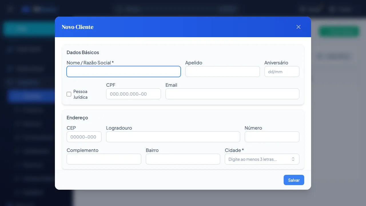 Modal de Novo Cliente do TriGestor mostrando os campos do formulário