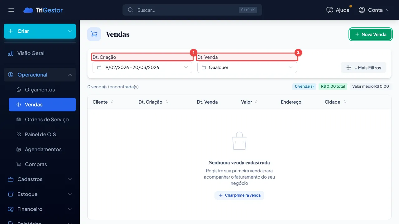 Lista de vendas com filtros de Dt. Criação e Dt. Venda em destaque
