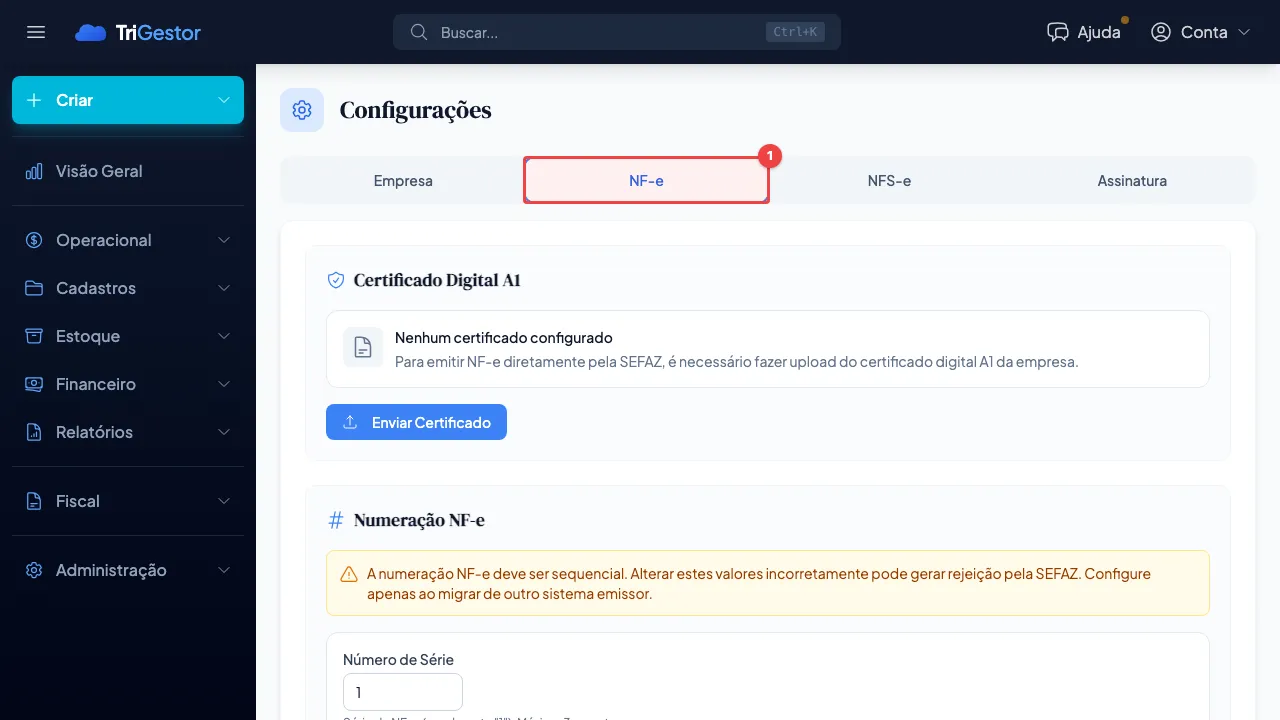 Aba NF-e nas configurações, mostrando o upload do certificado digital A1 e os campos de numeração